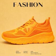 Women's Athletic Shoes, Casual Athletic Shoes, Made Of Breathable Mesh Material, Soft And Shock-Absorbing Thick Sole With Height-Increasing Design, Breathable And Sweat-Wicking To Prevent Stuffiness, Lightweight And Comfortable, Suitable For Commuting, Shopping, Light Exercise And Walking, Versatile Everyday Athletic And Casual Shoes, A Top Choice For Valentine's Day Gifts. - 橘色 - 查看 1