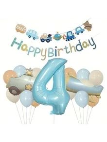 32-Inch Light Blue Matte Vintage Airplane & Car Number Balloon Set, Birthday Party Decoration, Scene Layout, Photo Props - Baby Blue - View 14