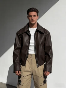 Men's Motorcycle Style Faux Leather Jacket - Loose Fit Zip-Up With Button Details, Beige Spring & Black Spring/Autumn Streetwear Coat, Fitted Sports Jacket & Spring Coat For Men, Western Outfits For Men, Christmas/Valentine Couple Style Outfit, Curve-Flattering Holiday Gift Suitable For Men & Women - 棕色 - 查看 4