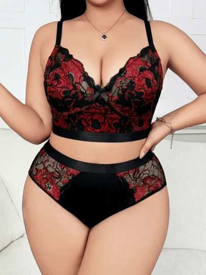 Bộ 2 áo ngực nữ thoải mái, ren hoa hồng đỏ đen cổ điển kết hợp với lưới xuyên thấu, dây đeo có thể điều chỉnh, phù hợp cho đi làm hàng ngày và những dịp lãng mạn.