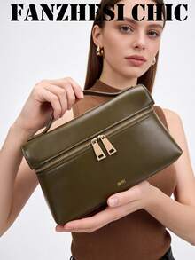 新款时尚百搭纯色PU防水手提包，拉链封口设计，字母图案装饰，优雅女士钱包，手提包/盒包，商务通勤包，旅行必备，适合旅行、购物、通勤和度假，女士礼物 - 橄欖綠 - 查看 1