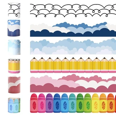 6 Different Styles 10m Long Blackboard Border Frame Decor Bulletin Board, Colorful Announcement Board Decor, Suitable For Office, School Classroom, Bright Announcement Board Decor, Suitable For DIY Teacher And Office Bulletin Board