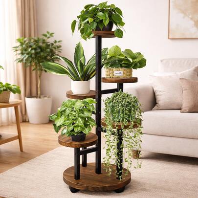 5-Tier Movable Flower Stand, Floor-Standing Shelving Unit For Living Room, Balcony, Decorative Potted Plants & Succulents Display
