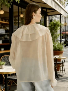 Ins Hot Apricot Sheer Organza Blouse Women's Ruffled V-Neck Tie Front Long Sleeve Top, Elegant Loose Fit Frill Trim Shirt For Daily Streetwear Date, Soft Transparent Chiffon Blouse Match Jeans Skirts, Spring Summer Autumn French Style Casual Blouses - Khaki - View 3
