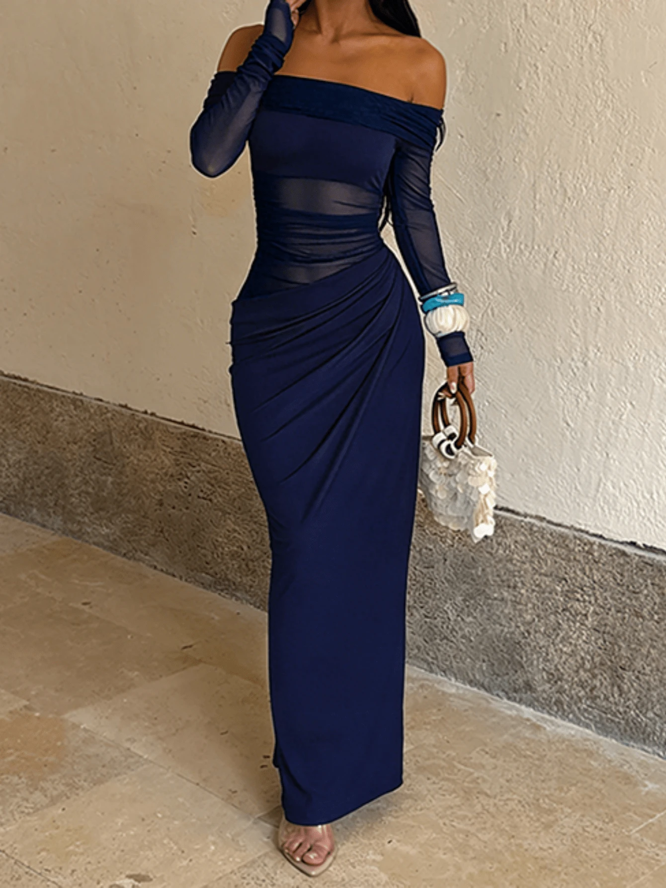 Đầm hè màu xanh hải quân WOWDARK, đầm dài ôm dáng thanh lịch hở vai bằng vải lưới khoét rỗng, thích hợp cho ngày Valentine, hẹn hò, tụ họp, tiệc tùng, du lịch, nghỉ mát, đi biển và các dịp khác.