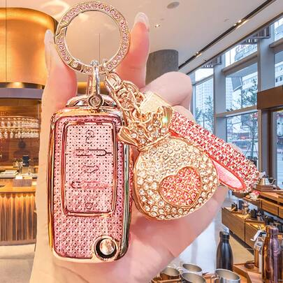 Diamond Pattern Car Key Chain, Rhinestone Decorated Key Fob Bora, Lavida, Golf, Smart Key Heart-Shaped Lock Car Key Chain With Rhinestone, Key Ring Rhinestone Inlaid Car Key Chain, Suitable Santana, Bora, Lavida, Golf Smart Key