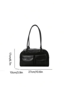 1pc Minimalist Retro Zipper Shoulder Bag With Pockets, Dual Handles, Suitable For Women's Casual Commute, Retro Style Handbag, Streetwear Fashion Shoulder Bag, Y2K Style - Black - View 3