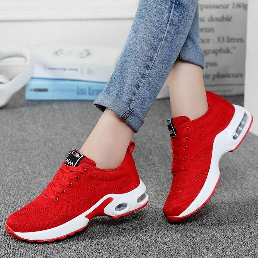 Unisex Height-Increasing Training Shoes - Breathable Fabric Low-Top Sneakers With EVA/PVC Grippy Soles For Walking, Hiking, Camping - All-Season Comfort & Durable Design (Black/Red/White), Hiking Boots, Outdoor Footwear, Flexible Footwear - Đỏ - Xem 1