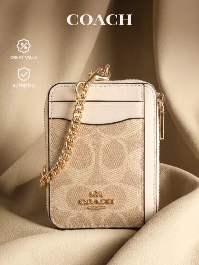  Coach Zip Card Case In Signature Canvas Mini Wallet - For Women Ladies Clutch Purses Small Wallet Bag Zip Wallets - Gift Present - Sand/Chalk/Pink - Genuine Authentic