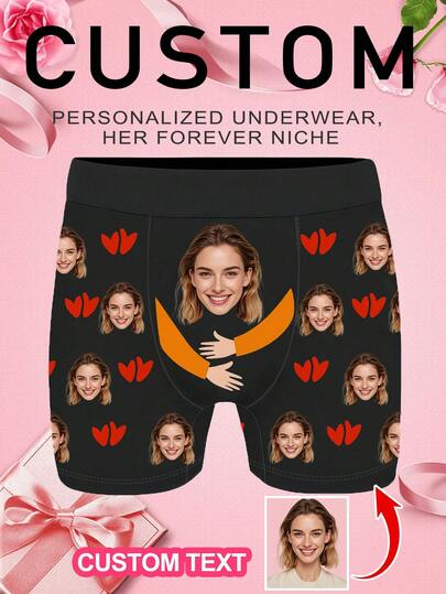 1pc Customizable Men's Boxer Briefs, Black Shorts, Comfortable Breathable Printed Boxer Briefs, Ideal Gift For Husband And Girlfriend On Valentine's Day/Birthday