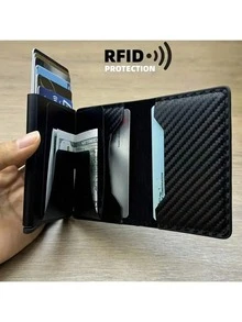 Men's Anti-Theft Magnetic Carbon Fiber RFID Aluminum Alloy Card Holder, Metal Pop-Up Credit Card Holder 8 Card Slots, Simple Design RFID Wallet, Suitable For Commuting, Business And Leisure Occasions, Minimalist Style - 黑色 - 查看 3