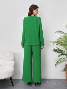 Conjunto feminino elegante de blusa de manga comprida com decote em V e calça pantalona, 2 peças, confeccionado em tecido macio e confortável, ideal para uso diário, fins de semana, trabalho, viagens e férias! - Verde - Ver 3