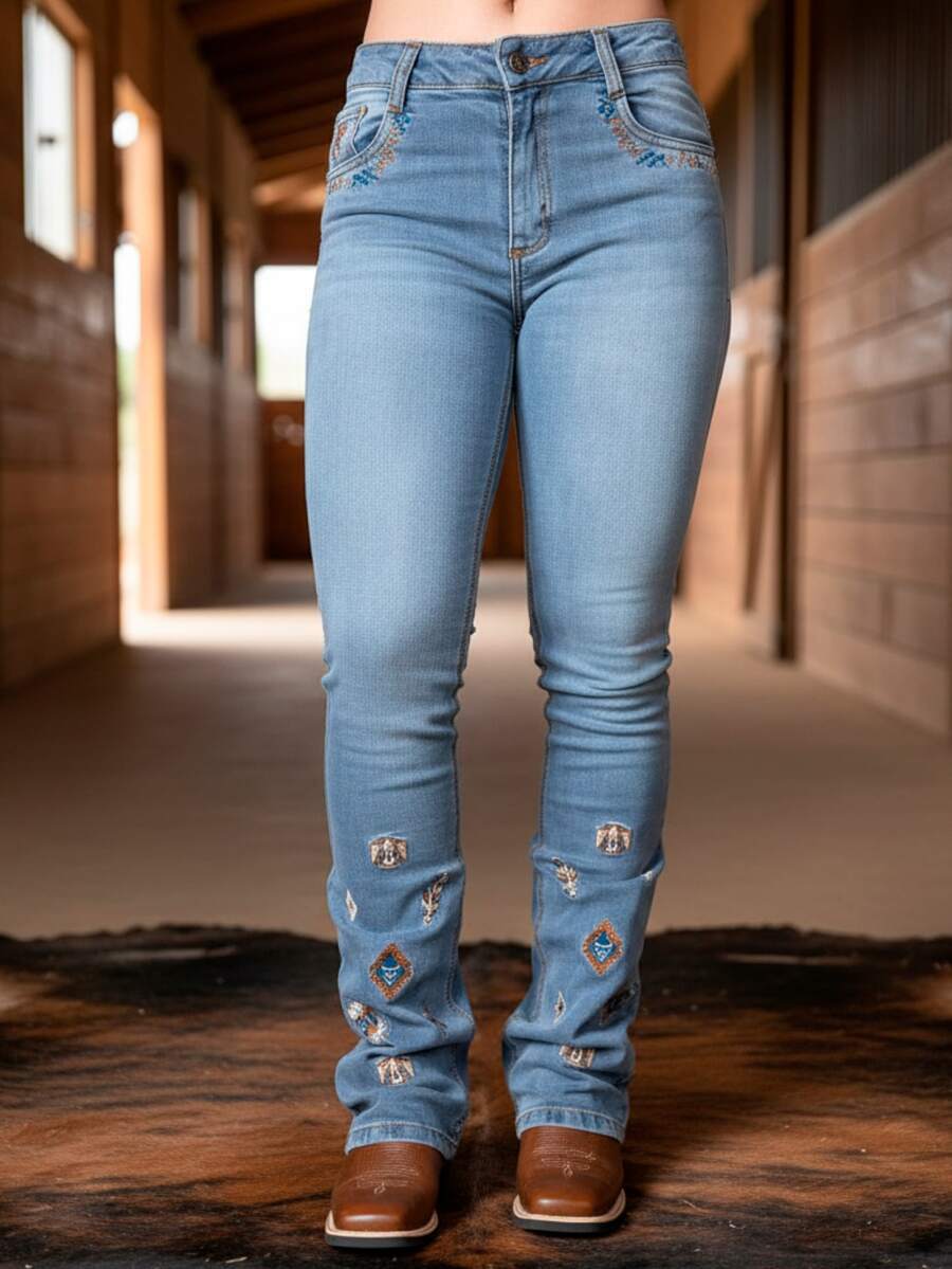 Women's Texas Country Embroidered Flare Jeans - Agro Style - 藍色 - 查看 1