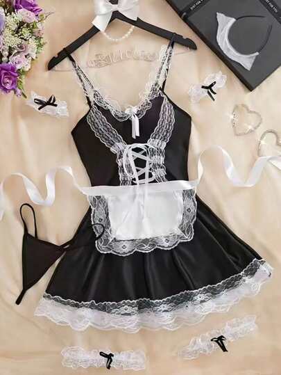6pcs Maid Costume Set (Headband, Leg Garters*2, Arm Sleeves*2, Thong, Dress, Apron), Kawaii Maid Outfit For Role Play, Lace Backless Apron Uniform, Sexy Lingerie COSPLAY