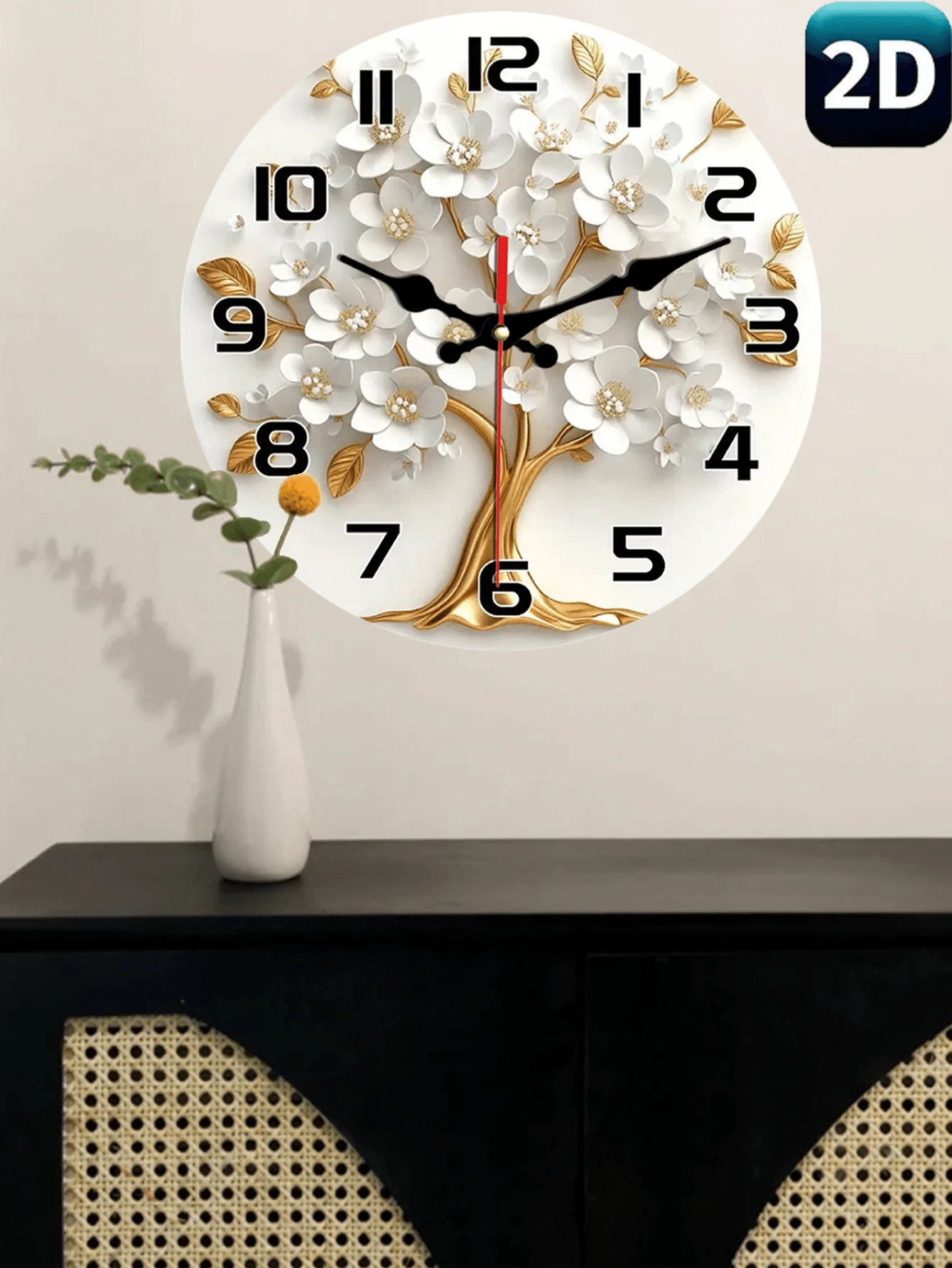 1个10英寸和12英寸优雅静音挂钟，白色花卉和金色树木图案，木质边框 - 适用于客厅、卧室、厨房、办公室装饰 - 情人节或生日礼物，家居装饰，房间装饰 - 彩色 - 查看 1