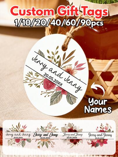 Customized Round Wedding Labels With Jute Rope, Round Labels With Floral Print Wedding Favor Tags, "Thank You For Celebrating With Us" Tags, Elegant Round Thank You Cards, White Background With Green Leaf Pattern. Suitable For Weddings, Parties, Birthdays, Celebrations, Small Business Items, Party Decorations, Decorative Gift Cards.