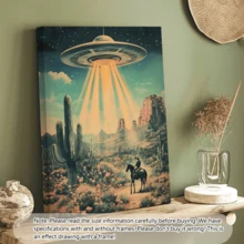 1 szt. Plakat ścienny w stylu vintage, styl dekoracyjny retro, klasyczny nowoczesny obraz na płótnie z UFO i kowbojem na koniu, plakat z krajobrazem w ramie z żywicy, z ramą lub bez, dekoracja pokoju, wystrój domu, wystrój akademika, hotelu, domu, salonu, sypialni, łazienki i biura