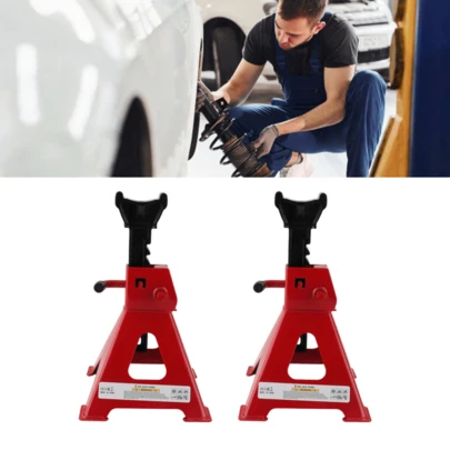 2 juegos de soportes elevadores de 2 ton (4409 lb) para autos. Ligeros y estables, base piramidal ancha. Acero forjado resistente, aptos para coches, SUV y camiones. Ajustables 10.5"-16.5", palanca ratchet rápida. Silla grande mejora se guridad. Incluye 2 bases y 2 barras. Ideales para cambio de ruedas o reparaciones.