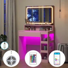 CollaredEagle Vanity Desk With Illuminated Mirror & Power Outlet, Bedroom Dresser LED Mirror Stepless Dimmable & 3 Color Modes Adjustable, LED Tempered Glass Top, Large-Capacity Storage Shelving - 粉色 - 查看 8