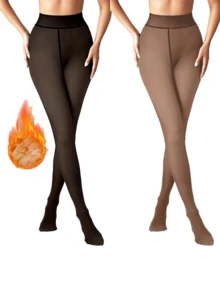 2 Pairs Of Women's Winter Warm Fleece Lined Leggings. Winter Comfortable Fleece Leggings. Plus Size Available. Single Lining. Seamless Style. Fashionable And Comfortable Women's Clothing. Warm Style. Fashionable And Comfortable Women's Clothing. - 彩色 - 查看 3