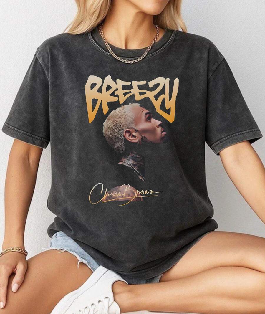 Hip Hop Inspired Tee, VintageShirt, Bootleg Breezy Tee, Fan Gift Washed T Shirt - 黑色 - 查看 1