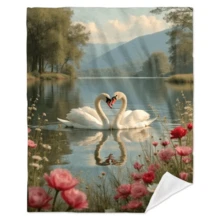 1pc French Oil Painting Floral Swan Throw Blanket - Soft Flannel All-Season Cozy Bedspread With  Lake & Floral Scene, 2D Flat Design For Living Room, Bedroom, Guest Room Decor - Holiday HomChristmas Theme, 2D Flat, Bedroom Accessory, Cottage - 如圖所示 - 查看 3