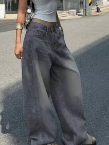 Women's Plus Size Denim Jeans (Couple Style - Ultra Loose Fit), Spring Fashion Jeans (Plus Size Wide Leg Pants), Ultra Loose Fit, High Waist, Full Length, Casual Outdoor Pants, Multi-Functional Daily Wear, Suitable For Family Leisure, Slim Fit For Teenagers To Adults, Minimalist Design, Durable Jeans - 灰色*旗艦款 - 查看 4