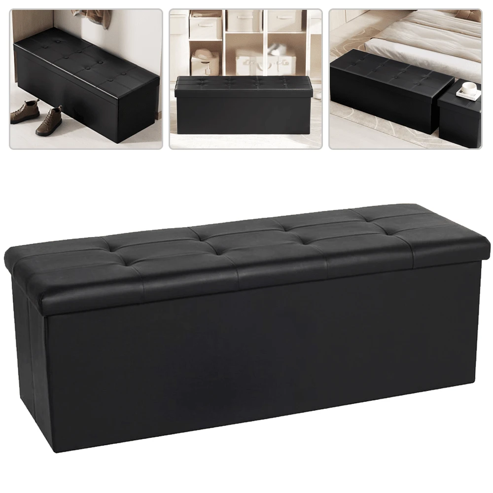 Lislark Storage Bench 110x38x38cm Storage Box End Of Bed Storage Bench Storage Bench For Home Living Room Ottoman Storage Folding Box Foot Stool Faux Leather Seat Storage Trunk Bench - Black - View 1