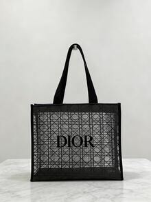 Christian Dior 经典黑色格纹蕾丝网眼手提包，透明网眼外层 - 黑色 - 查看 2