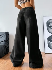 Women's Casual Denim Jeans (Couple Style - Wide Leg Pants), Spring Fashion Denim Pants Suitable For All Seasons, Oversized Charcoal Gray, High Waist, Full Length, Casual Outdoor Pants, Multi-Functional Daily Wear, Valentine's Day Essential Women's Fashion Jeans Single Item Gift, Suitable For Family Leisure, Slimming For Teenagers To Adults, Minimalist Design, Durable Jeans - 黑色*昇級旗艦款 - 查看 3