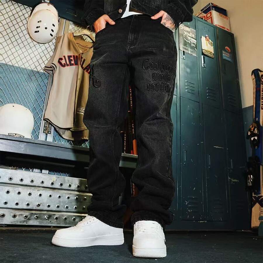 Casual Loose Straight Leg Jeans With High Street Embroidery Distressed Wash - Black - View 1