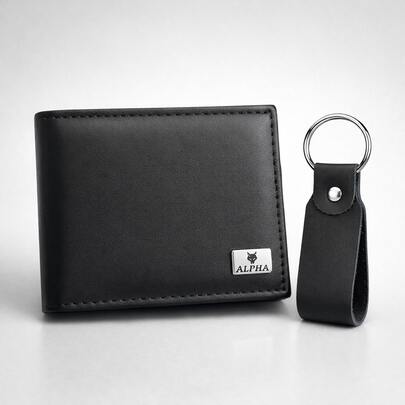 kit Carteira Masculina Couro Sintético + Chaveiro de Couro Legítimo Preto Conjunto Moderno e Elegante