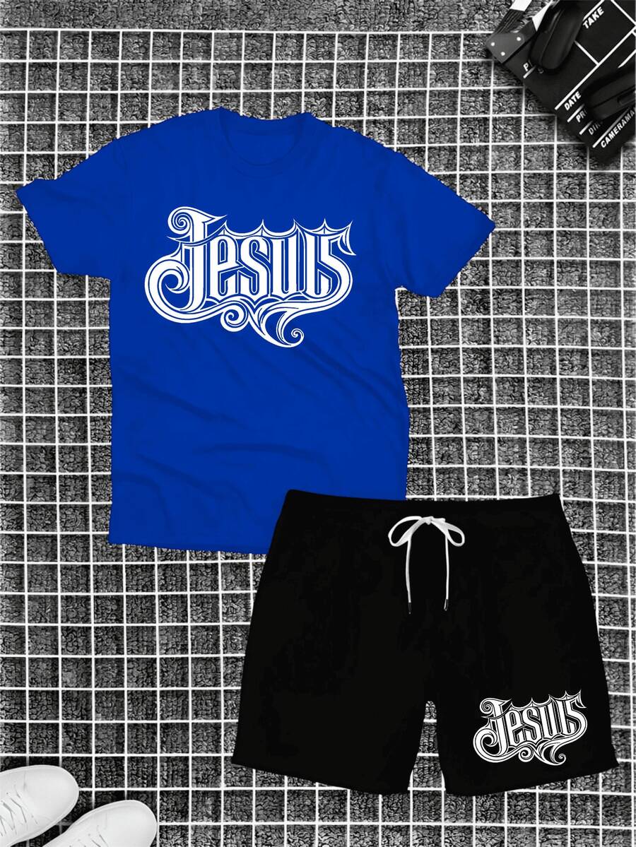 Kit Camisa Com Bermuda Tactel Masculino JESUS IGREJA Leve Conjunto Shorts Camiseta Manga Curta Gola Redonda - Azul - Visão 1