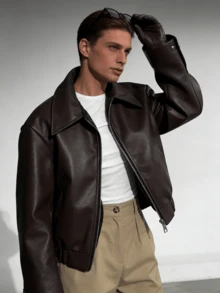 Men's Motorcycle Style Faux Leather Jacket - Loose Fit Zip-Up With Button Details, Beige Spring & Black Spring/Autumn Streetwear Coat, Fitted Sports Jacket & Spring Coat For Men, Western Outfits For Men, Christmas/Valentine Couple Style Outfit, Curve-Flattering Holiday Gift Suitable For Men & Women - 棕色 - 查看 3