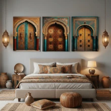 三联摩洛哥门框帆布墙画 - 三幅色彩鲜艳的伊斯兰图案帆布画，可选画框，波西米亚风格家居装饰，适合客厅和玄关，充满文化气息，现代风格，可用于卧室和休息室。