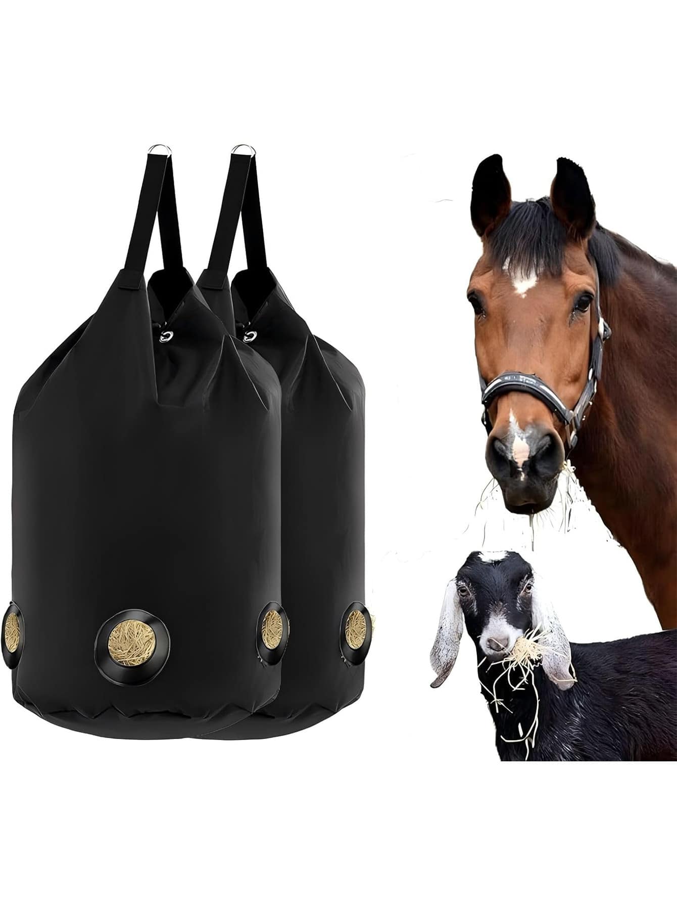 Goat Hay Feeder, Slow Feed Hay Bag For Horses, Sheep, Donkey, Cows, Alpacas And Ostriches, Premium Oxford Waterproof Fabric, Circle Leather Reinforced 5 Open Feeding Hole For Resist Biting - 彩色 - 查看 1