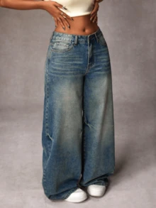 Women's Casual Denim Jeans, Spring Fashion Denim Pants Suitable For All Seasons, Wide Leg Fit, High Waist, Full Length, Casual Outdoor Pants, Simple Style, Suitable For Daily Wear, Valentine's Day Essential Women's Pants Jeans Single Item Gift - 水洗 - 查看 6