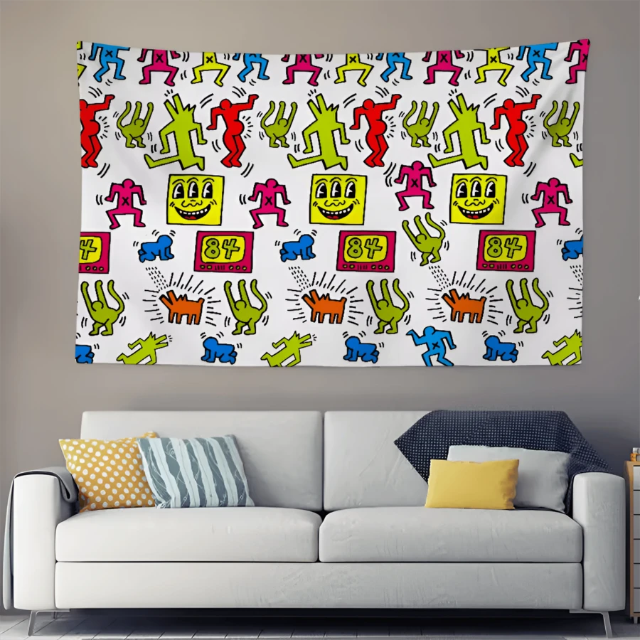 6 Funny Art Keiths Harings Tapestry Background Hanging Cloth Bedroom Room Decor Aesthetic Tapestry Wall Party (1) - Màu sắc hình ảnh chính - Xem 1