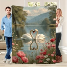 1pc French Oil Painting Floral Swan Throw Blanket - Soft Flannel All-Season Cozy Bedspread With  Lake & Floral Scene, 2D Flat Design For Living Room, Bedroom, Guest Room Decor - Holiday HomChristmas Theme, 2D Flat, Bedroom Accessory, Cottage - 如圖所示 - 查看 2