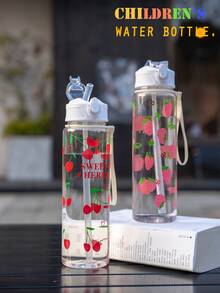 750ml Children's Water Bottle, Cute Straw Cup Gift For Girls & Boys, Suitable For Outdoor, School, Sports, Graduation, Butterfly & Cherry Heart Design, Portable - Multicolor - View 4