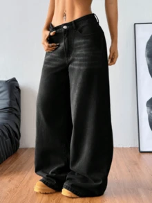 Women's Casual Denim Jeans (Couple Style - Wide Leg Pants), Spring Fashion Denim Pants Suitable For All Seasons, Oversized Charcoal Gray, High Waist, Full Length, Casual Outdoor Pants, Multi-Functional Daily Wear, Valentine's Day Essential Women's Fashion Jeans Single Item Gift, Suitable For Family Leisure, Slimming For Teenagers To Adults, Minimalist Design, Durable Jeans - 黑色*昇級旗艦款 - 查看 4