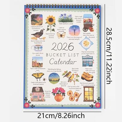 2026 Bucket List Wall Calendar | Colorful Cartoon Design With Guided Planning Pages And Stickers, Perfect For New Year, Halloween, Christmas, Birthday Gifts.