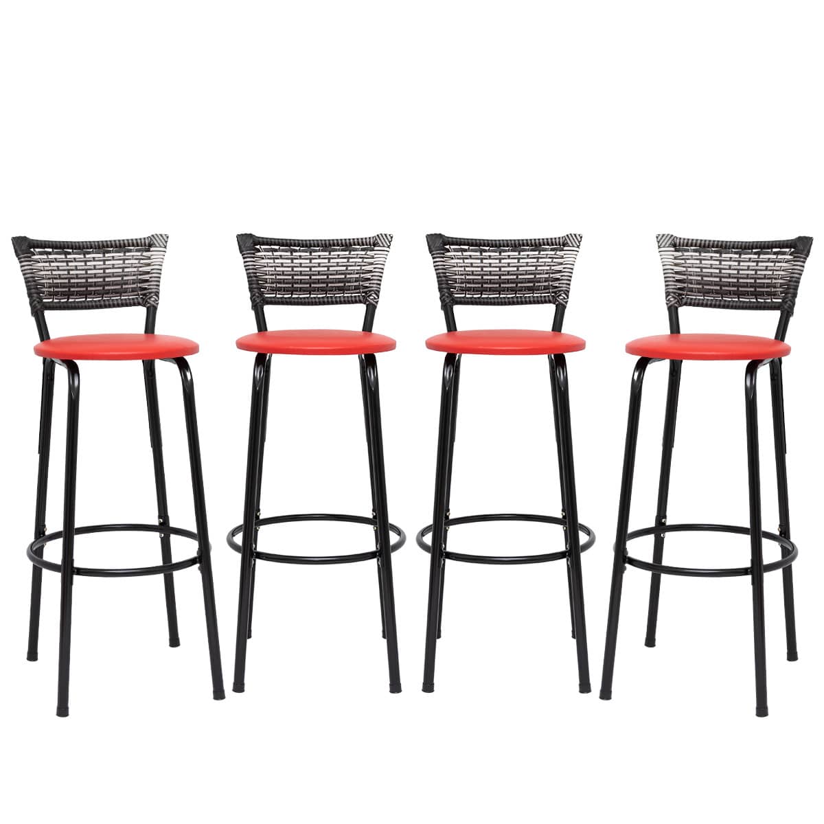 Set Of 4 High Stools With Black Frame And Gradient Wicker Backrest - Ideal For Counters, Islands, Worktops, Gourmet Areas, Bars, American Kitchens, And Pools - 紅座 - 查看 1