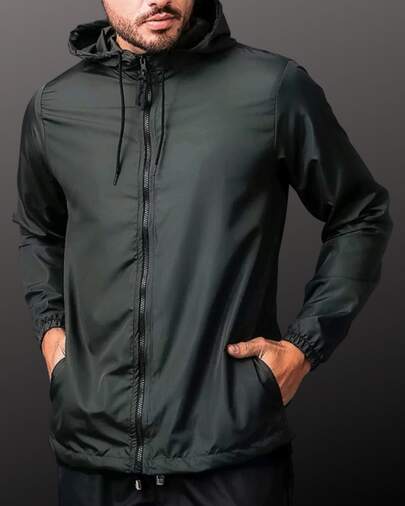 Jaqueta CortaVento Masculina – Liso Casual Outono Inverno com Cordão e Bolso Zíper