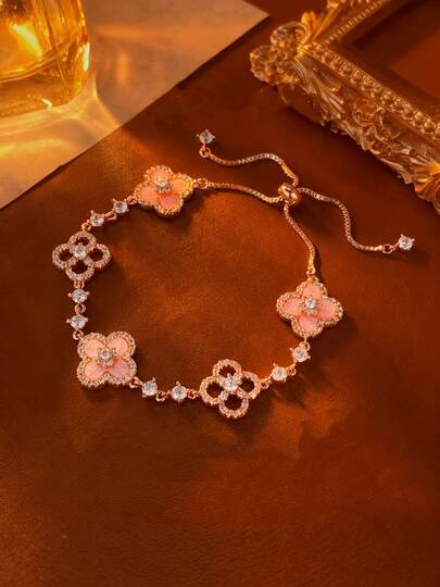 Pink Clover Charm Bracelet For Women, Delicate & Sweet, Suitable As Gift For Valentine's Day, Birthday, Christmas For Mom, Best Friend, Girlfriend