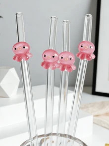 1/2pcs Reusable Glass Straw Set With Octopus Design - Transparent, Bendable Straws Perfect For Smoothies Or Cocktails; Cute Gift Set Ideal For Holidays, Back To School, Ocean-Themed Parties, New Year Or Valentine's Day - Clear - View 8