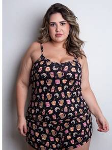 Baby Doll Short Doll Plus Size Pijama feminino Malha Fria Liganete Estampado - Multicolorido - Visão 1