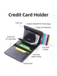 Men's Anti-Theft Magnetic Carbon Fiber RFID Aluminum Alloy Card Holder, Metal Pop-Up Credit Card Holder 8 Card Slots, Simple Design RFID Wallet, Suitable For Commuting, Business And Leisure Occasions, Minimalist Style - 黑色 - 查看 4