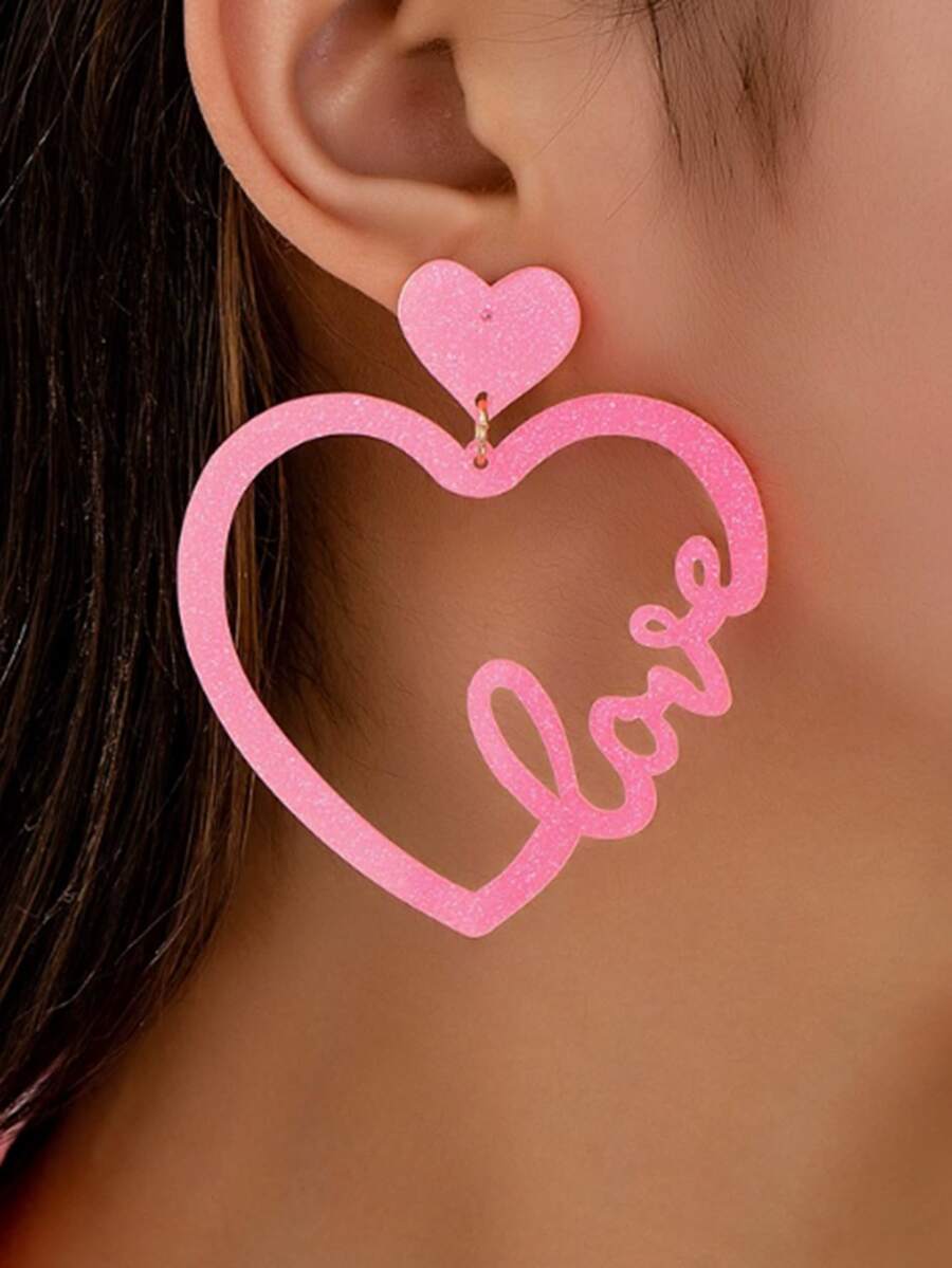 New Arrival Hot Selling 520 Valentine's Day Acrylic Earrings, Pink Heart Hollow Letter Pendant Earrings, Cross-Border Couples Gift