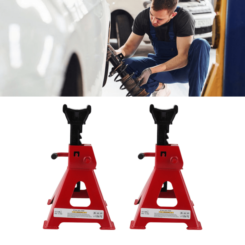 2 juegos de soportes elevadores de 2 ton (4409 lb) para autos. Ligeros y estables, base piramidal ancha. Acero forjado resistente, aptos para coches, SUV y camiones. Ajustables 10.5"-16.5", palanca ratchet rápida. Silla grande mejora se guridad. Incluye 2 bases y 2 barras. Ideales para cambio de ruedas o reparaciones.